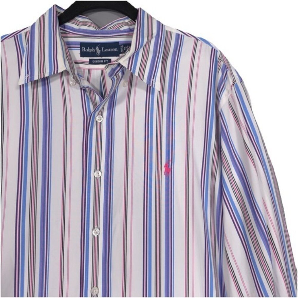 Ralph Lauren Men's Shirt 17 XL CUSTOM FIT White Blue Pink Striped Hong Kong Made